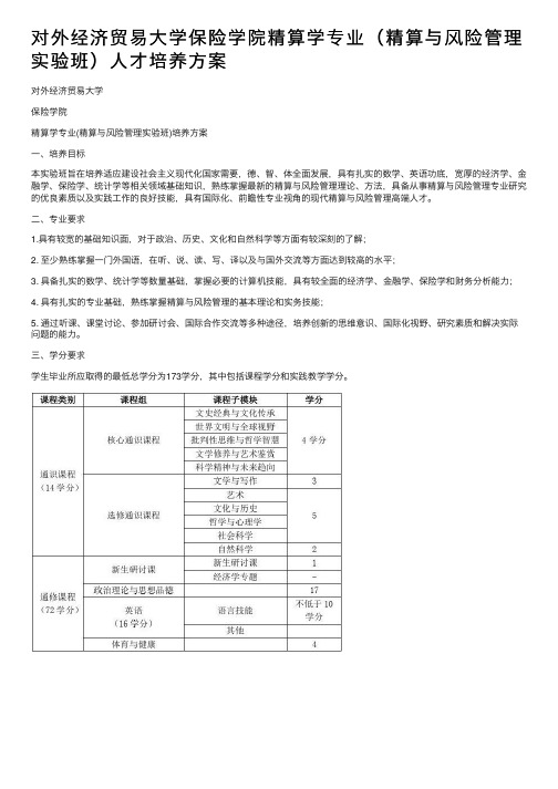 对外经济贸易大学保险学院精算学专业（精算与风险管理实验班）人才培养方案