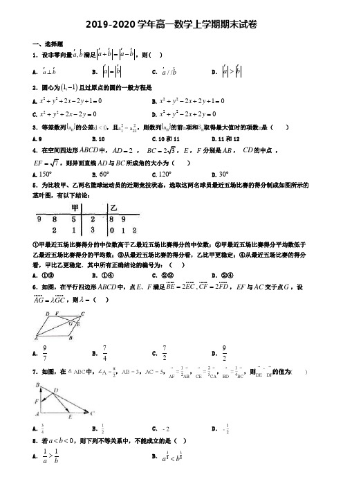 ┃试卷合集4套┃2020年青岛市数学高一(上)期末考试模拟试题