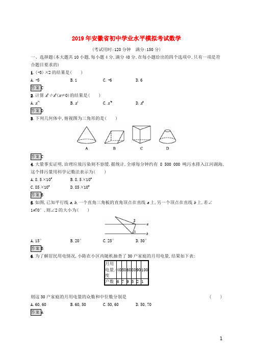 (课标通用)安徽省2019年中考数学总复习学业水平模拟考试试题及参考答案