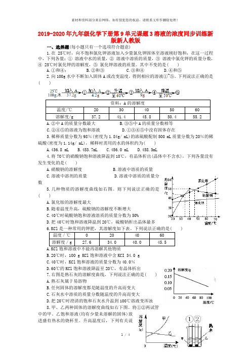 2019-2020年九年级化学下册第9单元课题3溶液的浓度同步训练新版新人教版