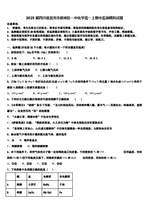 2025届四川省宜宾市叙州区一中化学高一上期中监测模拟试题含解析