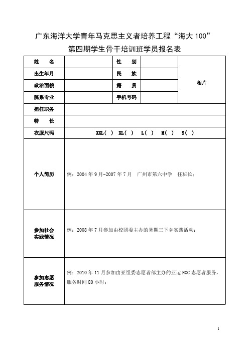 广东海洋大学第四期青马工程学生骨干培训班学员报名表