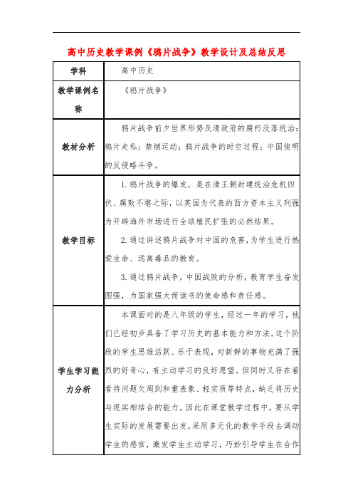 高中历史教学课例《鸦片战争》课程思政核心素养教学设计及总结反思