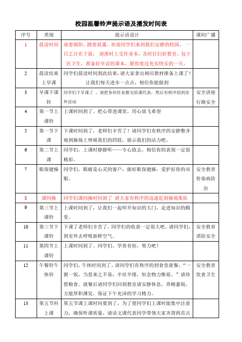 校园温馨铃声提示语及播发时间表