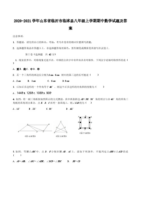 2020-2021学年山东省临沂市临沭县八年级上学期期中数学试题及答案