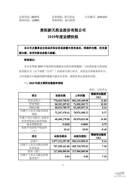 新天药业：2019年度业绩快报