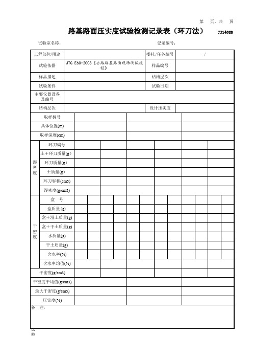 路基路面压实度试验检测记录表(环刀法)