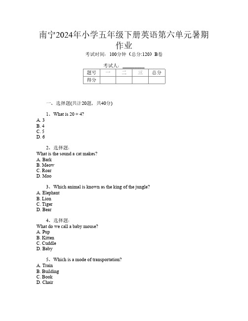 南宁2024年小学五年级下册第16次英语第六单元暑期作业