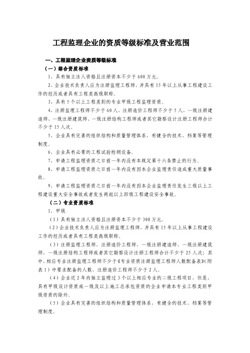 工程监理企业的资质等级标准及营业范围