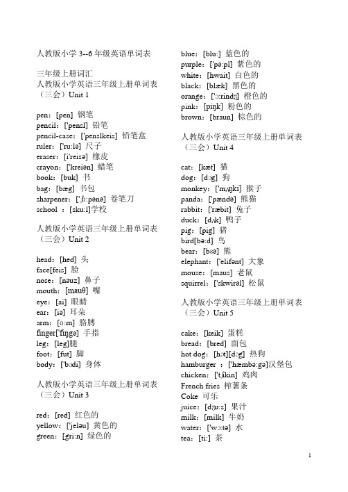 人教版小学3--6年级英语单词表带音标