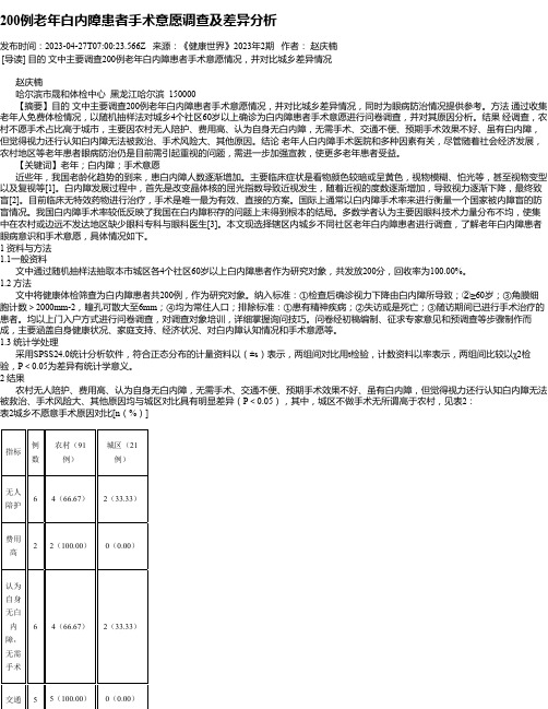 200例老年白内障患者手术意愿调查及差异分析