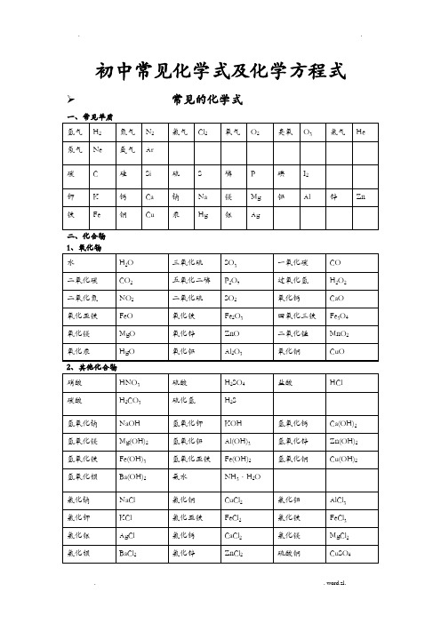 初中常见化学式及化学方程式大全