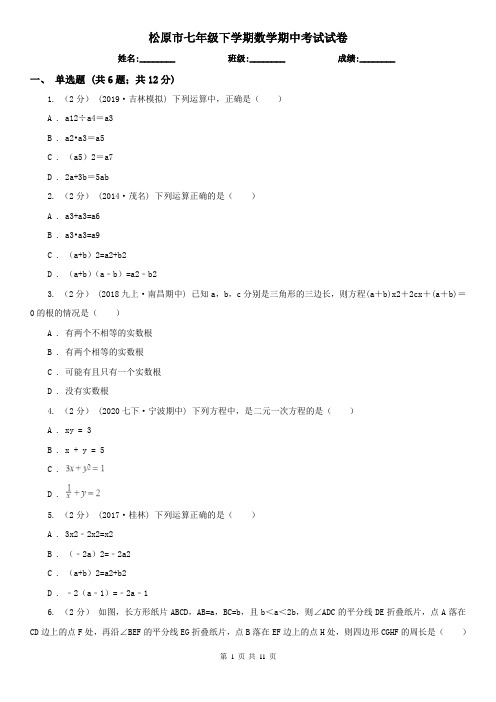 松原市七年级下学期数学期中考试试卷