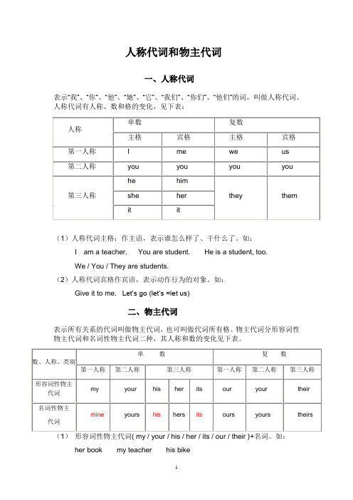 人称代词和物主代词的表格及练习题