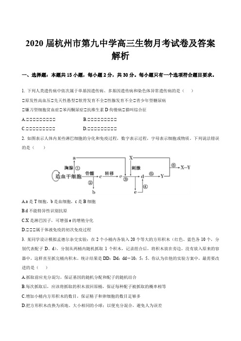 2020届杭州市第九中学高三生物月考试卷及答案解析