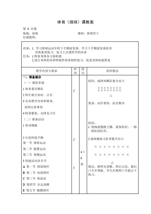 排球运动中的下手侧面发球教案