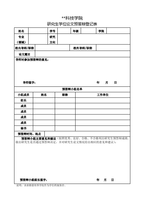 科技学院研究生学位论文预答辩登记表