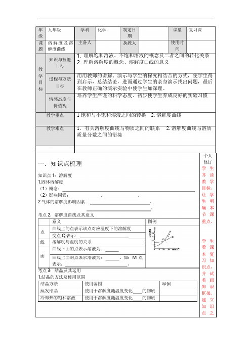 人教版化学九年级一轮复习 溶解度及溶解度曲线复习教案