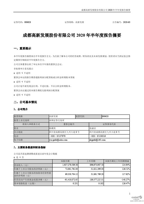 高新发展：2020年半年度报告摘要