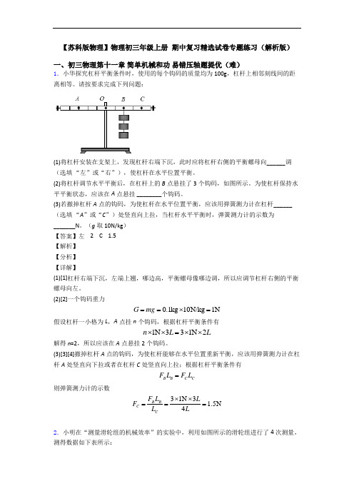 【苏科版物理】物理初三年级上册 期中复习精选试卷专题练习(解析版)