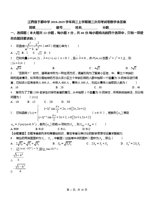 江西省于都中学2018-2019学年高三上学期第三次月考试卷数学含答案