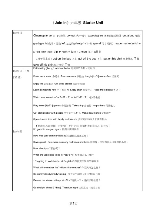 六年级上册英语素材重点单词及句型整理joinin剑桥英语