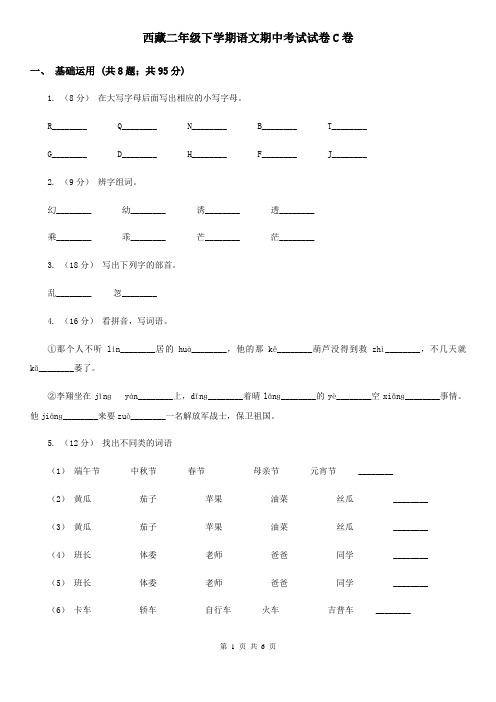 西藏二年级下学期语文期中考试试卷C卷