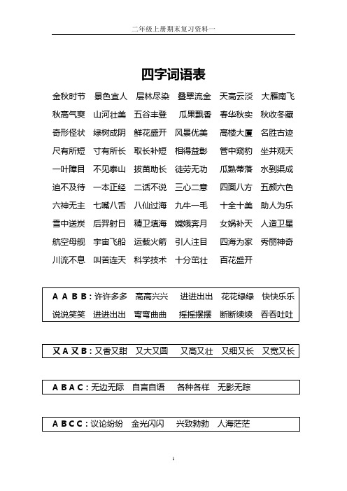 二年级语文上册多音字、四字词语