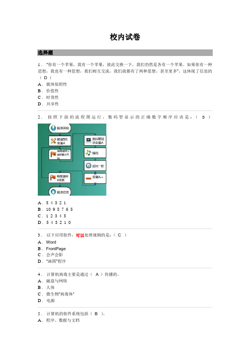 2015年石家庄初二信息技术考试带图片理论题