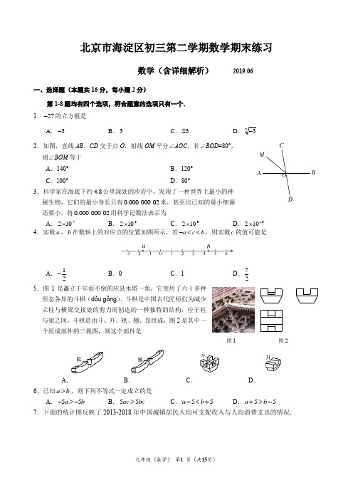 2019年北京市海淀区初三数学二模试题及详细解析