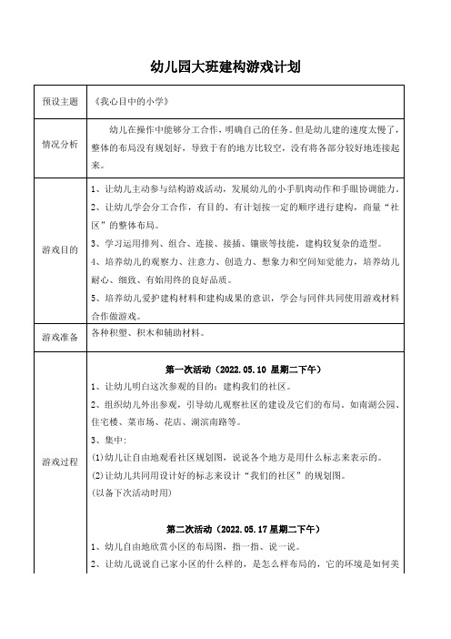 幼儿园大班建构游戏计划《我心目中的小学》