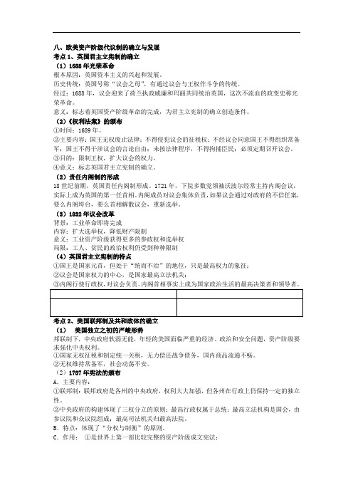 高考历史复习资料八欧美资产阶级代议制的确立与发展分考点知识整理