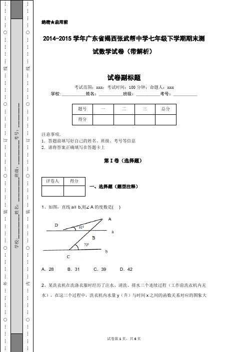 2014-2015学年广东省揭西张武帮中学七年级下学期期末测试数学试卷(带解析)