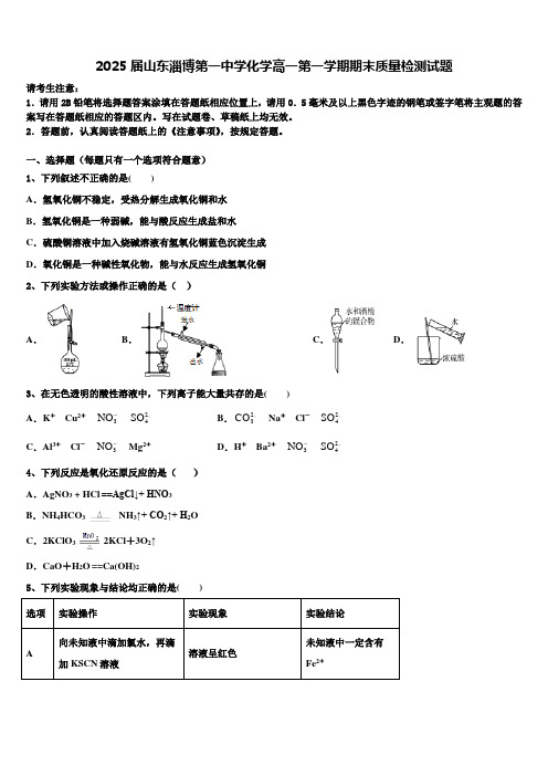 2025届山东淄博第一中学化学高一第一学期期末质量检测试题含解析