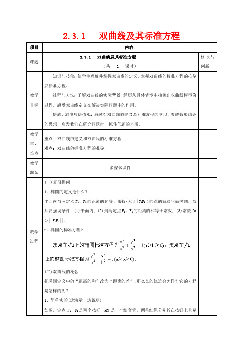 高中数学 第二章 圆锥曲线与方程 2.3.1 双曲线及其标准方程教案 1数学教案