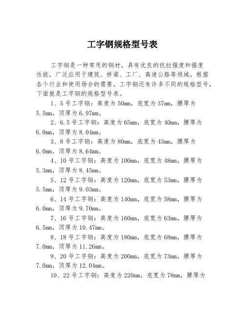 工字钢规格型号表