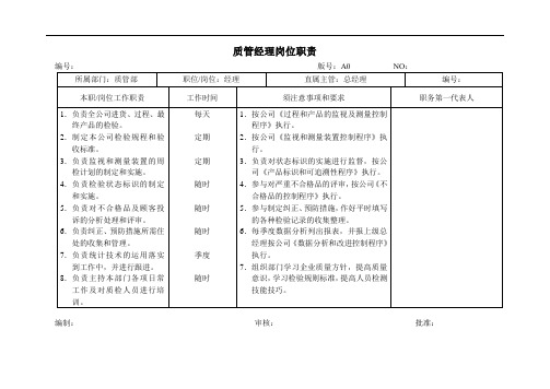 质管经理岗位职责