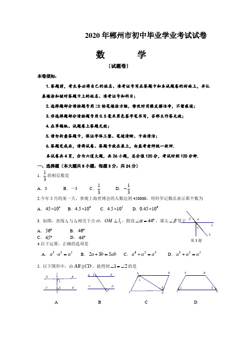 2020年郴州市初中毕业学业考试试卷