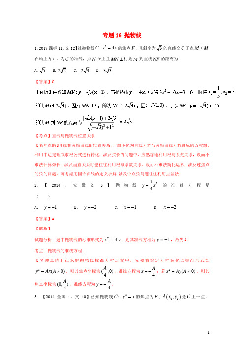 三年高考2015_2017高考数学试题分项版解析专题16抛物线文20171101135