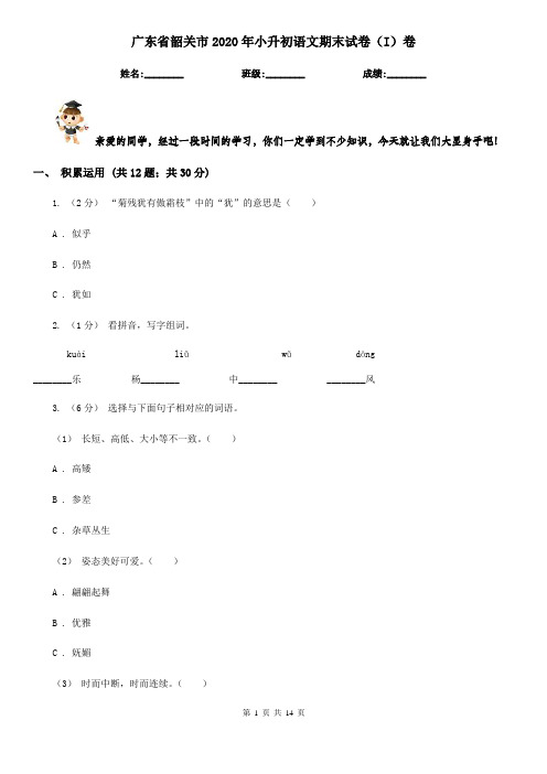 广东省韶关市2020年小升初语文期末试卷(I)卷(模拟)