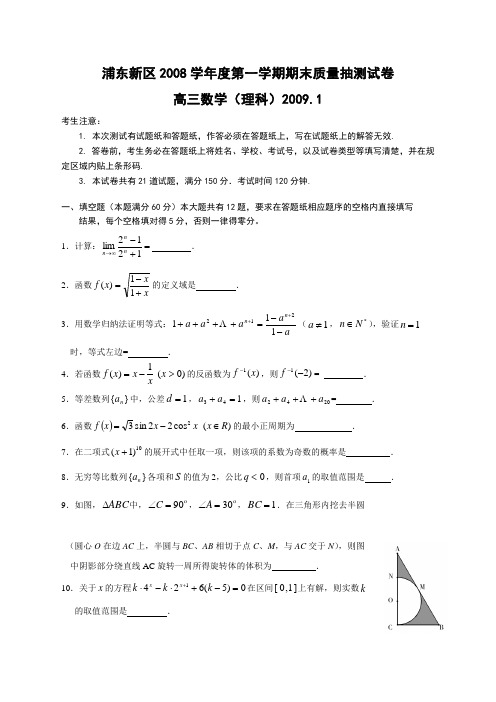 上海市浦东新区度第一学期期末质量抽测试卷高三数学理科