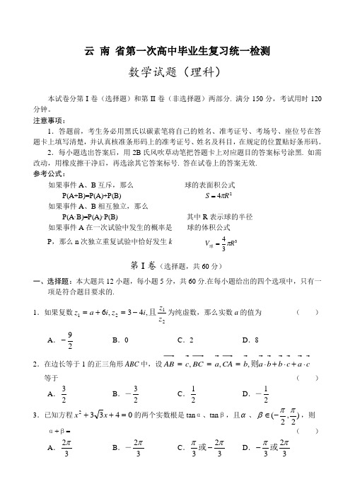 云南省第一次高中毕业生复习统一检测 数学试题(理科)及参考答案