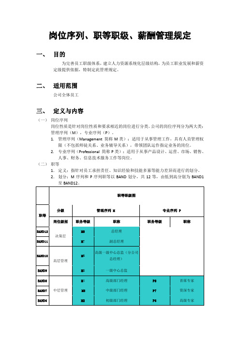 企业薪酬管理制度-岗位序列、职等职级和薪酬管理规定