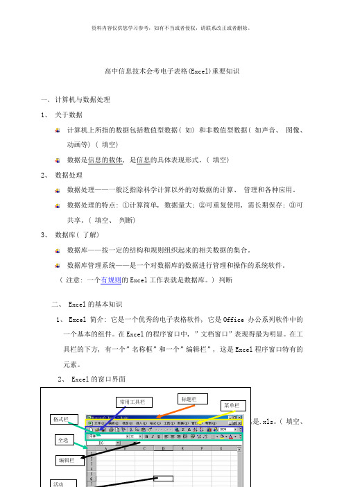 高中信息技术会考电子表格Excel重要知识点样本