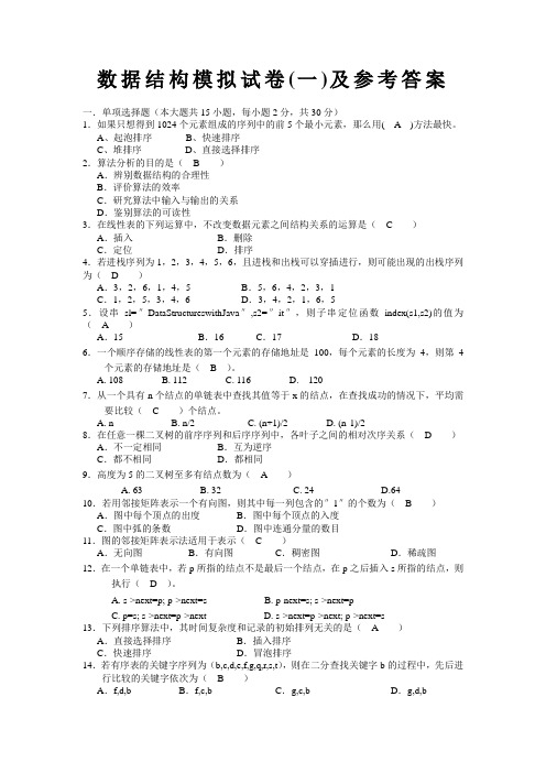 数据结构模拟试卷及参考答案