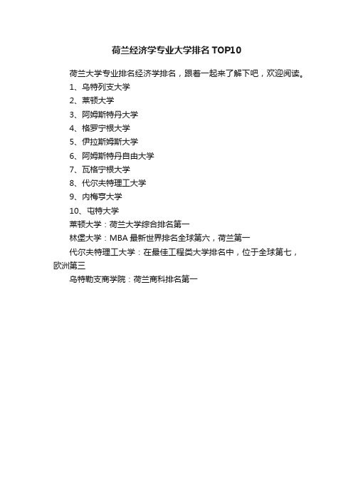 荷兰经济学专业大学排名TOP10