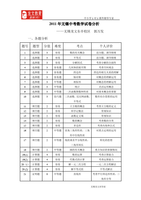 无锡2011年中考数学试卷分析1