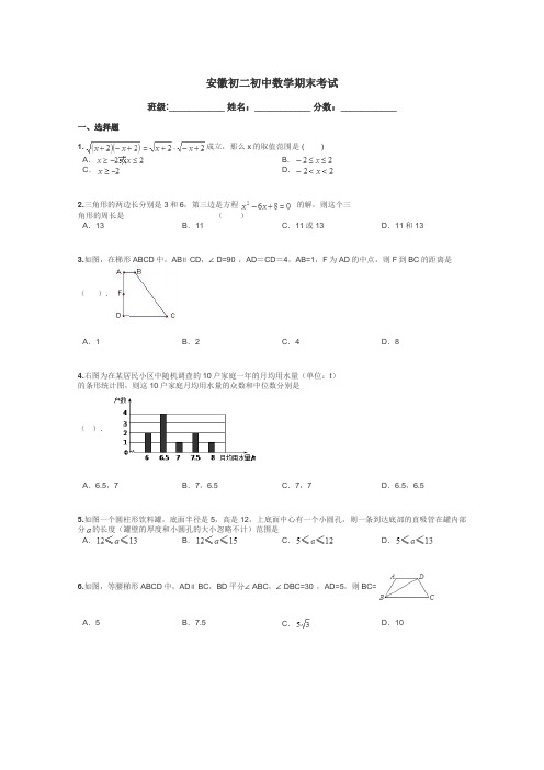 安徽初二初中数学期末考试带答案解析
