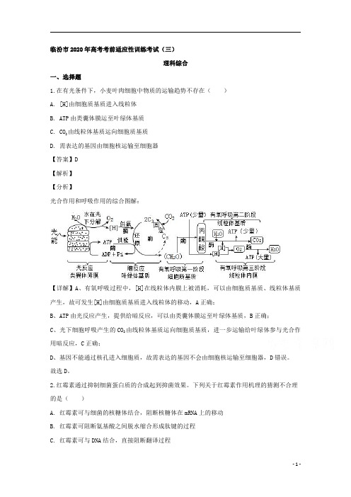 【精准解析】山西省临汾市2020届高三考前适应性考试(三)理综生物试题