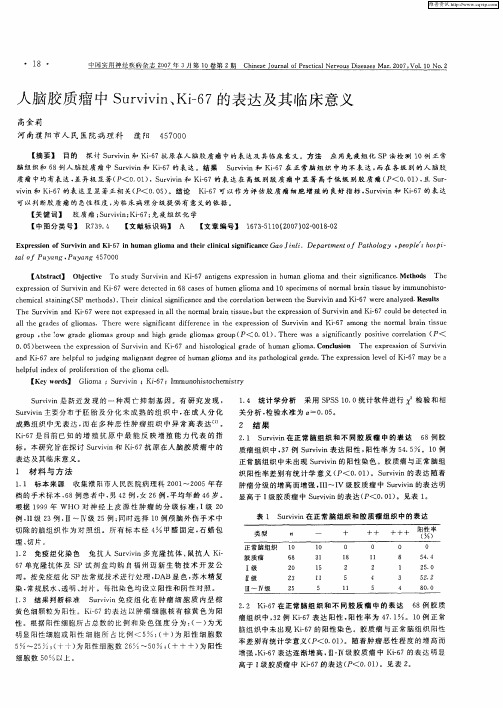 人脑胶质瘤中Survivin、Ki-67的表达及其临床意义